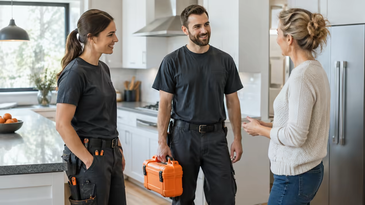 Two electricians talking with a homeowner in a bright kitchen