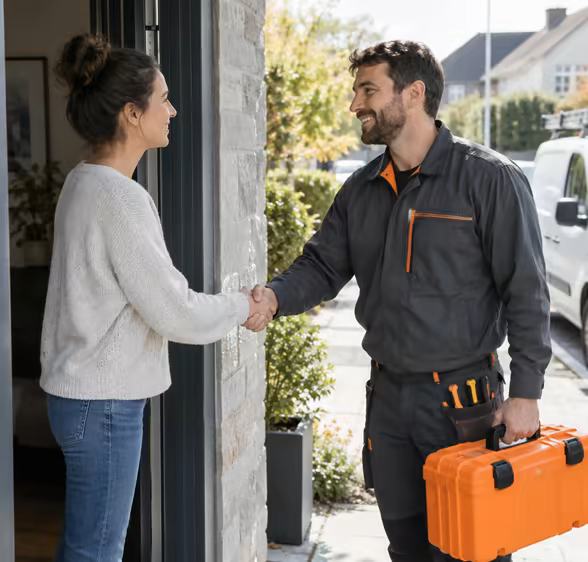 A homeowner shaking hands with an electrician at the front door