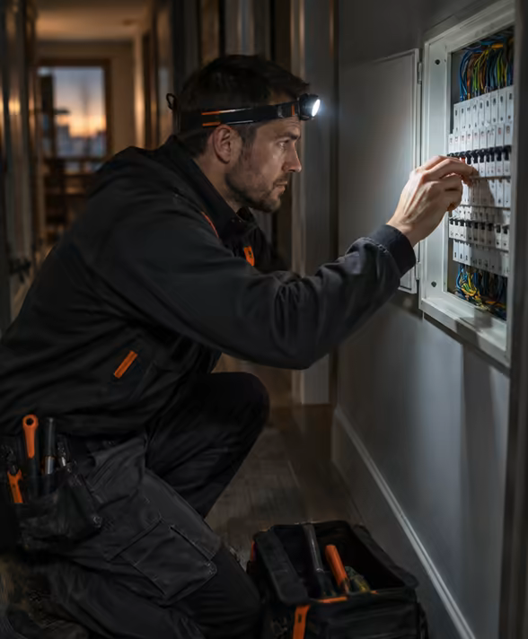 An electrician resetting a tripped breaker in a dim hallway