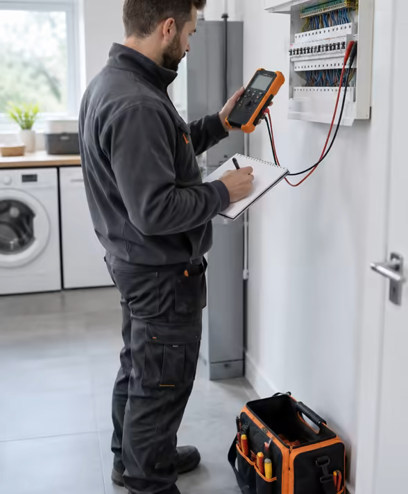 An electrician testing a consumer unit and making notes