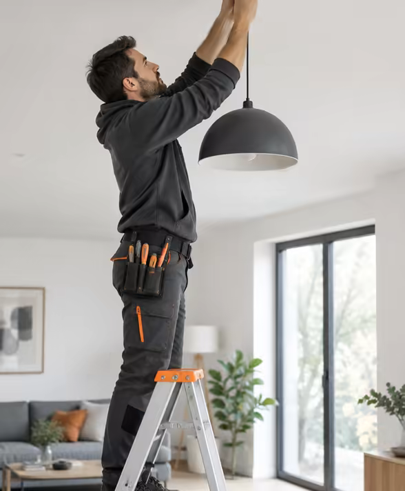 An electrician fitting a pendant light from a stepladder