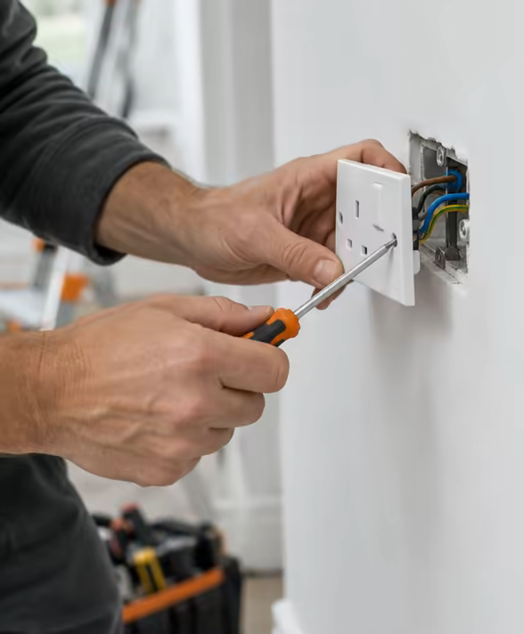 An electrician replacing a wall socket faceplate